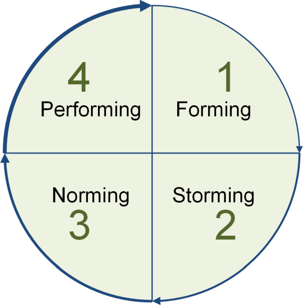 Die Teamuhr nach Tuckman, (C) Peterjohann Consulting, 2014-2025