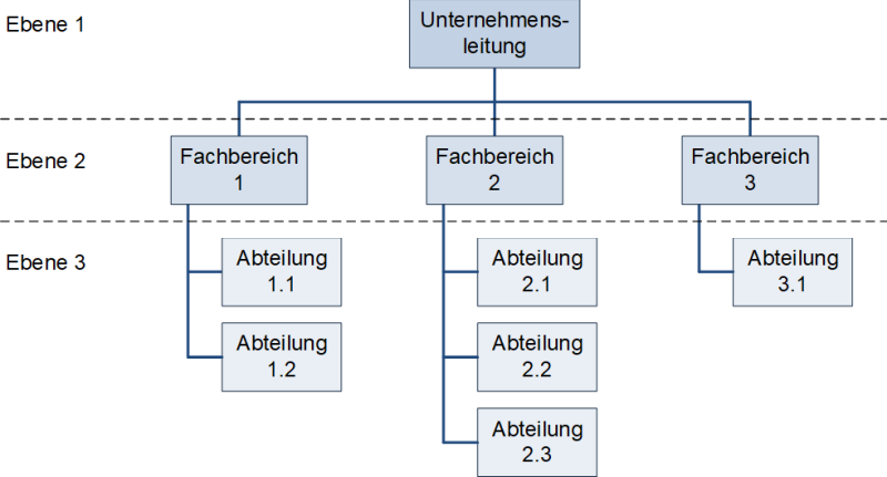 Das Unternehmensorganigramm (schematisch, mit vertikaler Ebene), (C) Peterjohann Consulting, 2024-2025