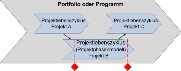 Das Projektphasenmodell im Projektportfolio, (C) Peterjohann Consulting, 2018-2024