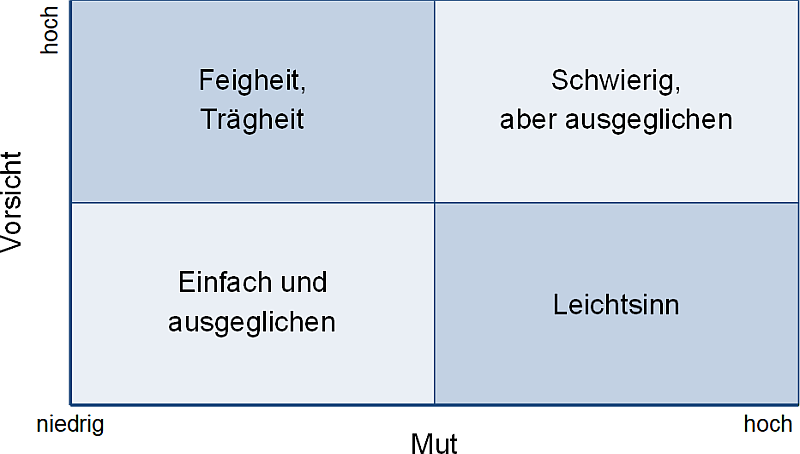 Beispiel 2x2-Matrix: Mut vs. Vorsicht, (C) Peterjohann Consulting, 2024-2025